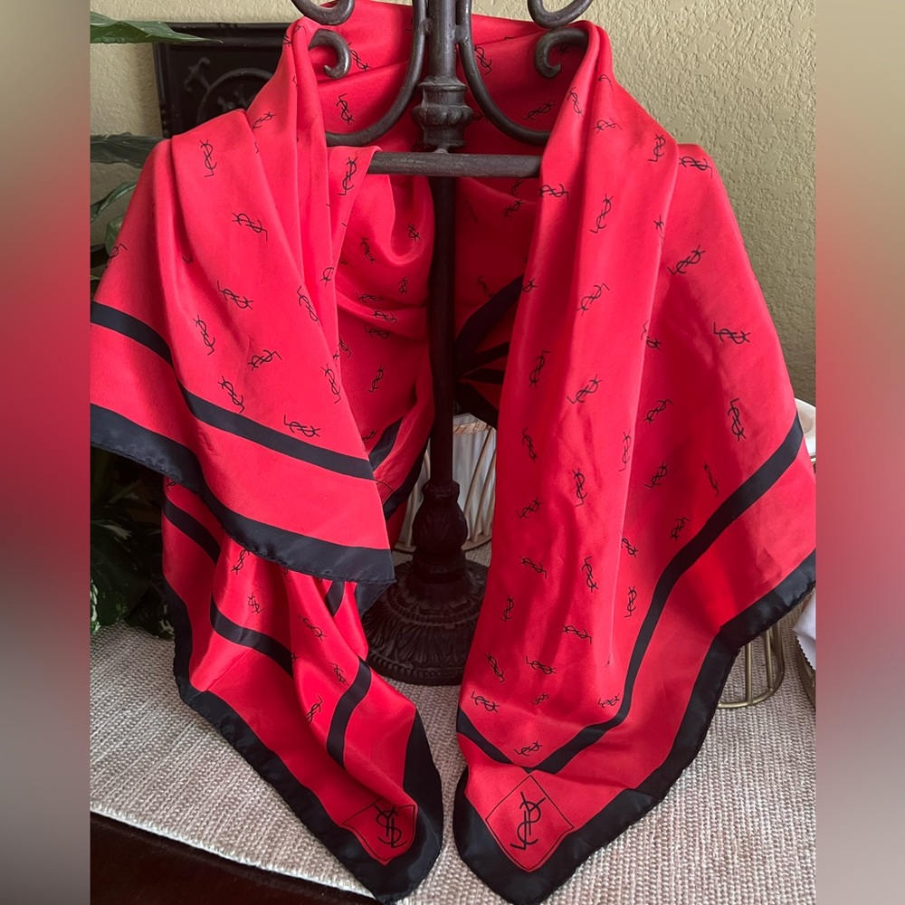 Vintage YSL red scarf wrap headband Yves Saint Laurent Logo Silk Large 32x32